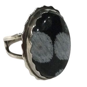 Vintage Sterling Silver Ring & Bezel Set Snowflake Obsidian Cabochon, Sz 6.6 EUC